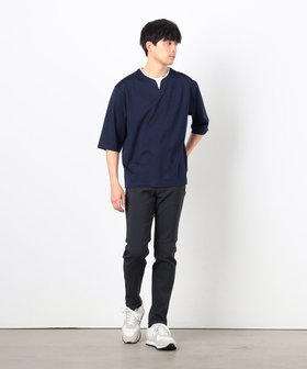 någonsstans レイヤード Tシャツ Mサイズ ネイビー フェイクレイヤード キーネックTシャツ 七分袖（47-60TK07-205