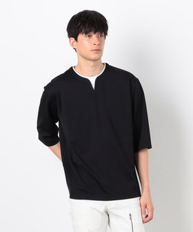 だむ フェイクレイヤード キーネックTシャツ 七分袖（47-60TK07-205