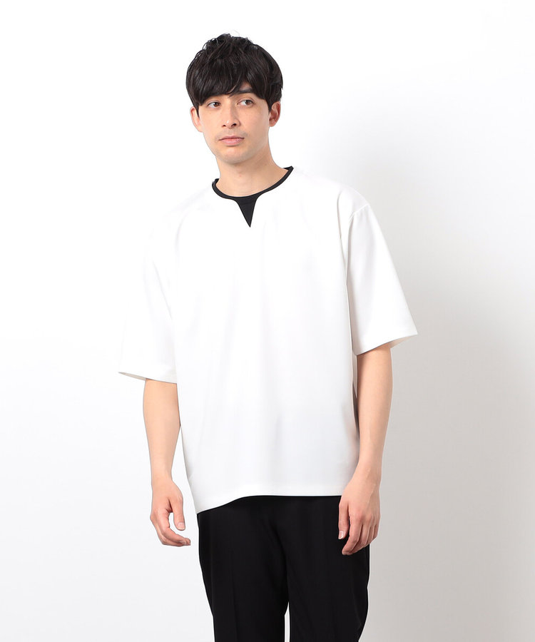 半袖 フェイクレイヤード キーネックＴシャツ