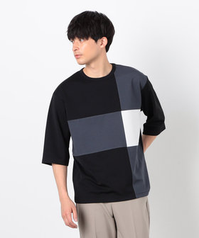 七分袖 カラーブロック パッチワークTシャツ（47-60TK24-205