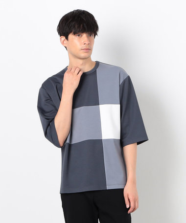七分袖 カラーブロック パッチワークＴシャツ