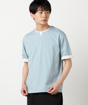 【接触冷感】USAコットン フェイクレイヤード キーネックTシャツ