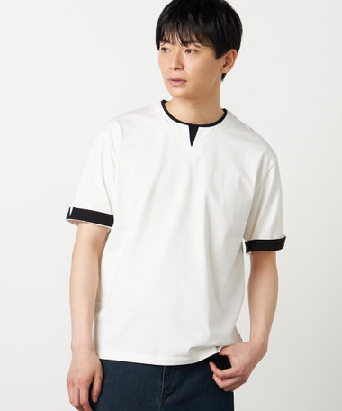 【接触冷感】USAコットン フェイクレイヤード キーネックTシャツ