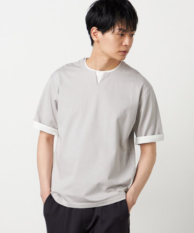 【接触冷感】USAコットン フェイクレイヤード キーネックTシャツ