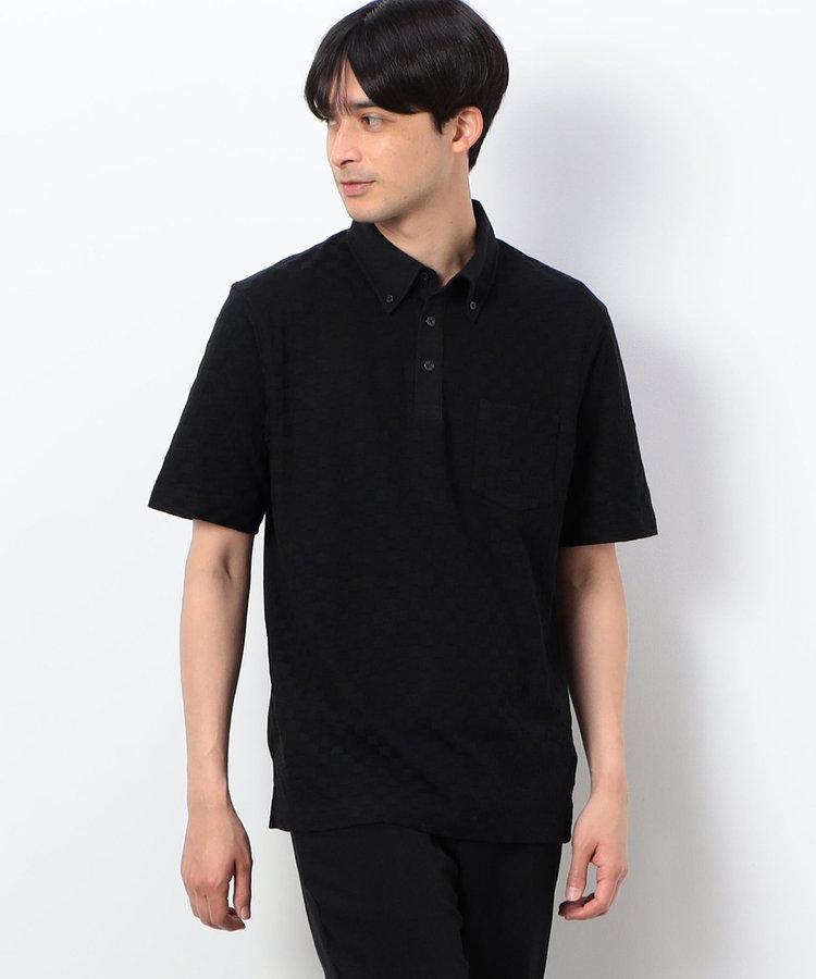 新品未使用　CHERVO ネイビー ポロシャツ サイズ46 吸水速乾】市松ジャカードコンビポロシャツ（47-69CG12-204