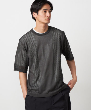 【セットアイテム】リネンライクケーブル クルーネックニット＋T/C天竺Tシャツ