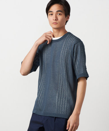 【セットアイテム】リネンライクケーブル クルーネックニット＋T/C天竺Tシャツ