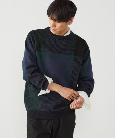 チェック柄クルーネックニット
