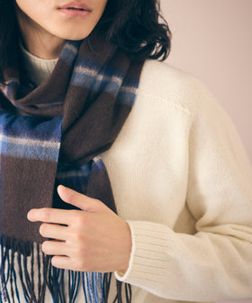 ツートンチェック柄ロングマフラー 40x200cm カシミヤ100% マフラー チェック柄 チェックブラウンオレンジ