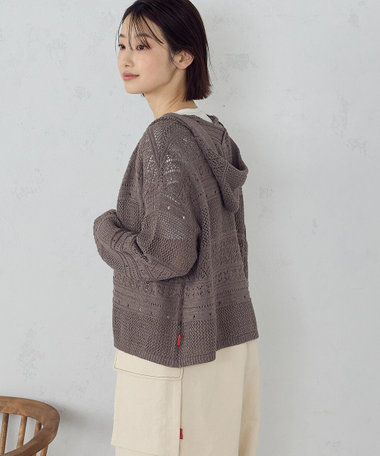 透かし編み フーディーカーディガン