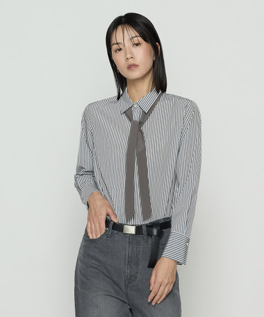 〔 Sサイズ 〕 デシンストライププリント ボウタイシャツ