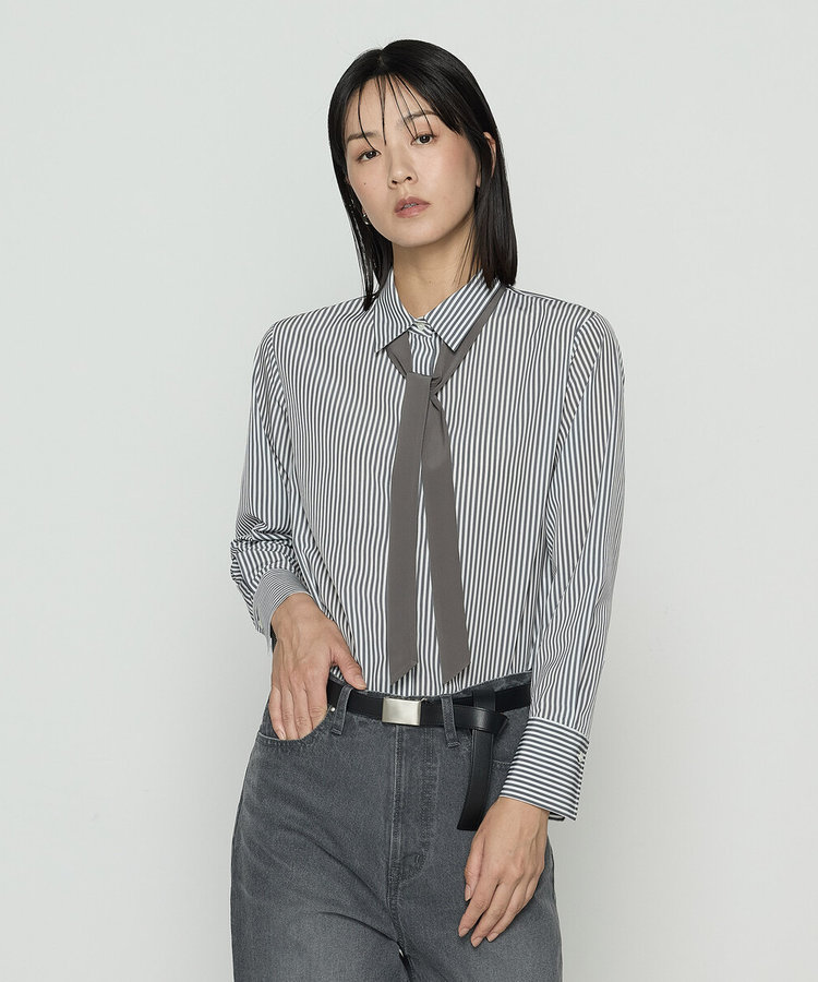 〔 Sサイズ 〕 デシンストライププリント ボウタイシャツ