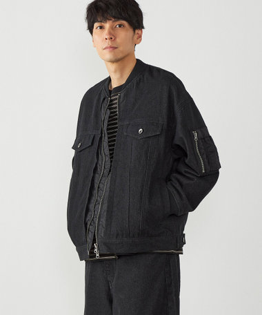 デニム×ポリエステルツイル切替ブルゾン