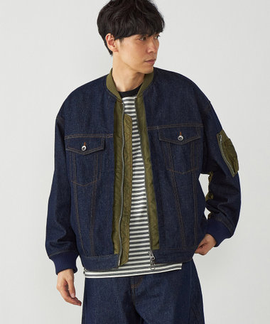 デニム×ポリエステルツイル切替ブルゾン