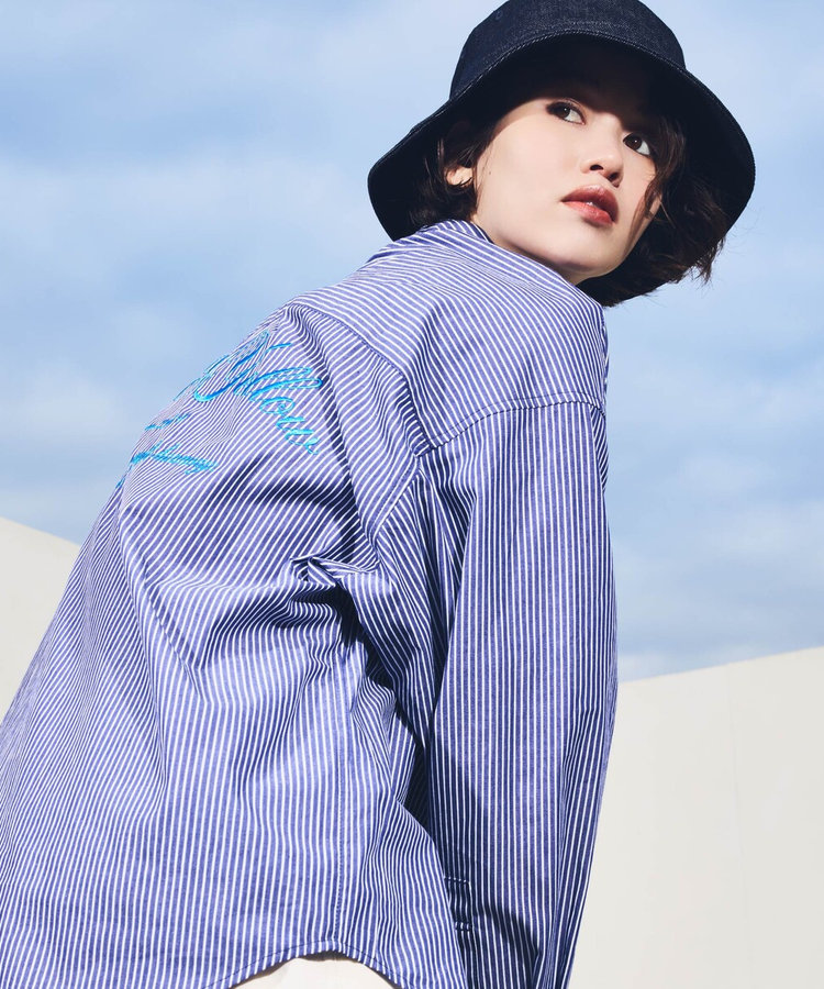 バック刺繍 ストライプシャツ（55-07IO21-206）｜パープル&イエロー