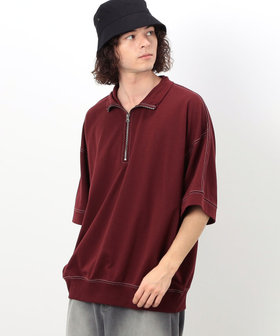 イッセイｍｅパープル ハイネック五分袖 カラーステッチ半袖ハイネックハーフジッププルオーバー（55