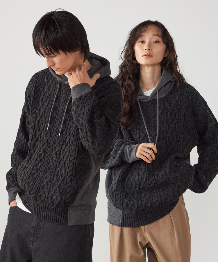 アランニット×裏シャギー ドッキングパーカー
