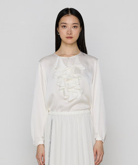 TALLサイズ 〕 マットサテン タイ付 ハイネックブラウス（76-04BM01