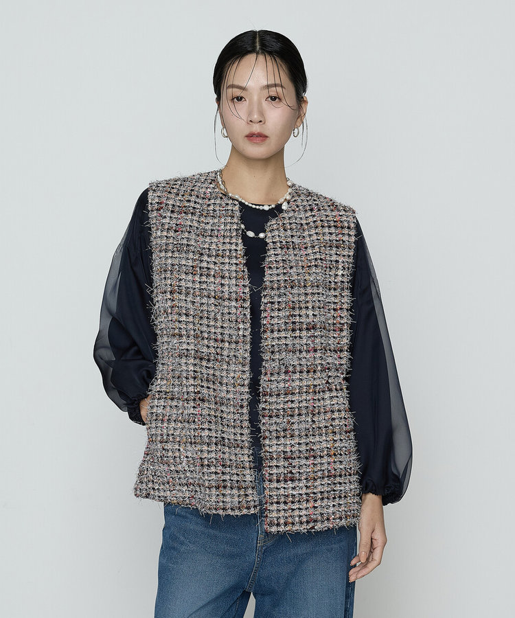 TALLサイズ 〕 ファンシーツイード キーネックカラージレ（76-02VO01