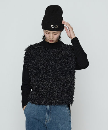 リボンヤーンブラック ニットプルオーバー