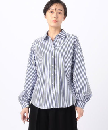 〔 +サイズ 〕 ストライプブロード お袖たっぷりストライプブラウス