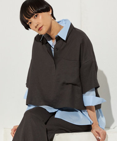 〔 +サイズ 〕 麻調合繊 レイヤードポロシャツ
