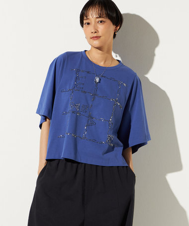 〔 +サイズ 〕 スクエア柄ガラスビーズ刺繍 Tシャツ