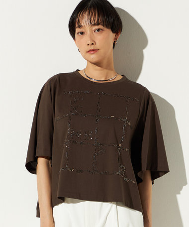 〔 +サイズ 〕 スクエア柄ガラスビーズ刺繍 Tシャツ