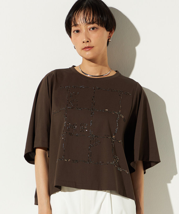 〔 +サイズ 〕 スクエア柄ガラスビーズ刺繍 Tシャツ