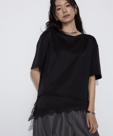 〔 Sサイズ 〕 スーピマコットン 裾レースコンビネーションTシャツ