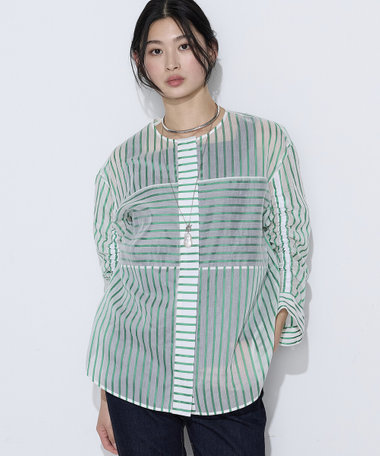 〔 Sサイズ 〕 キュプラリネン コットンシルクシアーストライプシャツ
