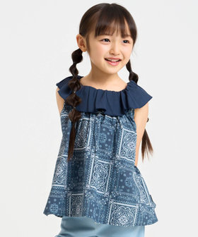 バンダナ柄プリント 衿フリル ノースリーブブラウス