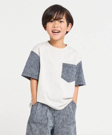 ヒッコリープリント使い 半袖Tシャツ