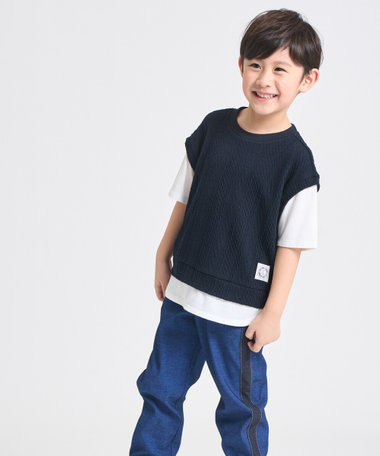 ケーブルジャカード フェイクレイヤード 半袖Tシャツ