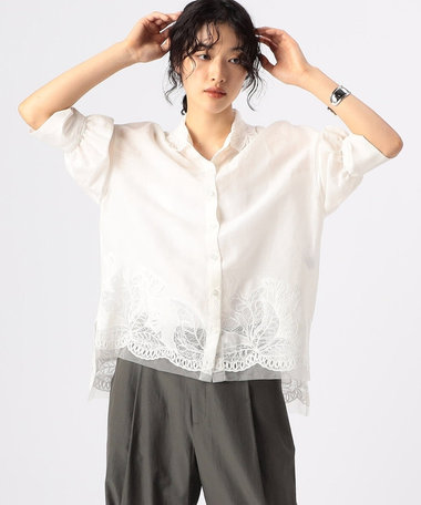 ラミーコットンエンブロイダリー シアー刺繍のシンプルシャツ