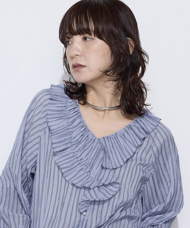 シワ加工ストライプ ラッフルシャツブラウス