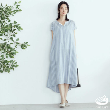 縦長シルエットでスタイルアップ♪清涼感あるストライプ柄