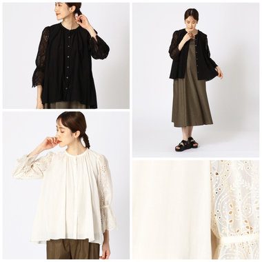 軽い羽織りとしても着られる、レース刺繡袖ブラウス