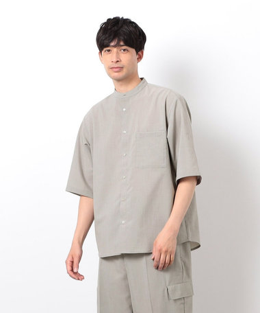 【セットアップ対応】リネンライク ポリエステル バンドカラー ５分袖シャツ
