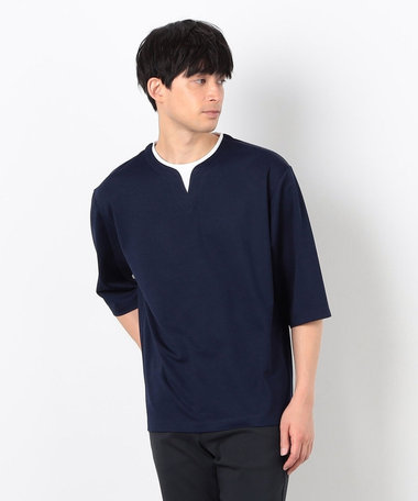 フェイクレイヤード キーネックＴシャツ 七分袖