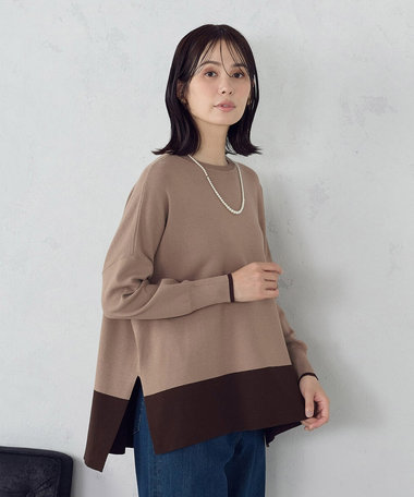 バイカラー クルーネックポンチョニット
