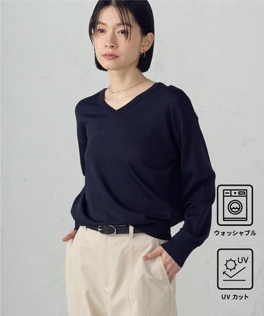 【UVカット・ウォッシャブル】ベーシック 2WAYネックニット