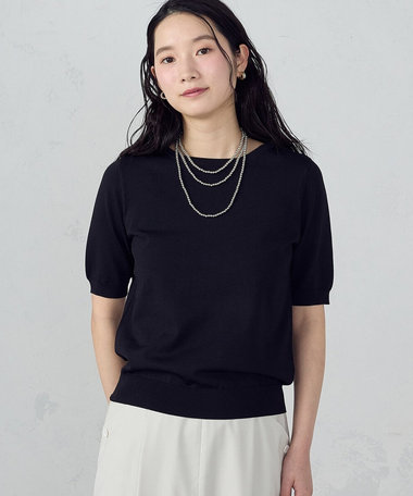 【ウォッシャブル・UVカット】ベーシック 2WAYネック5分袖ニット